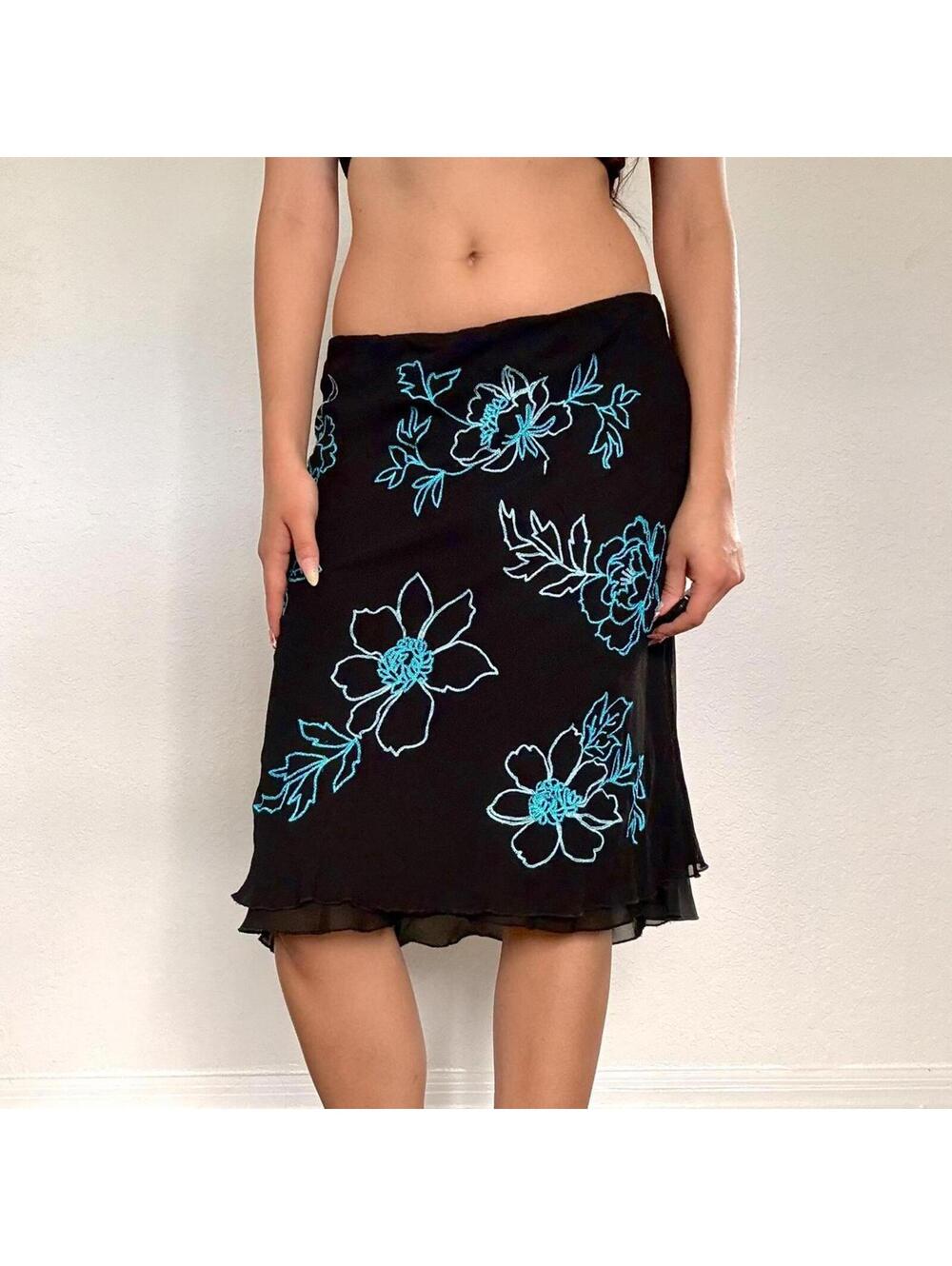 Y2K Floral Silk Midi Skirt